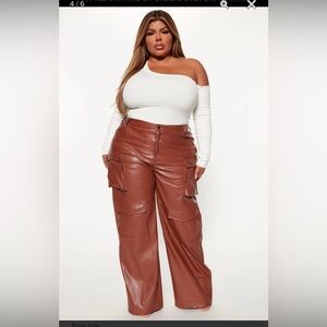 Fashion Nova Plus Faux Leather Cargo Pants in Brown